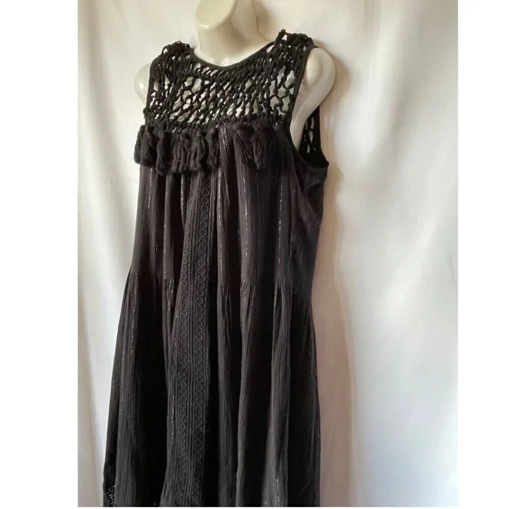 Anthropologie Maxi Dress Womens Black Sleeveless Cotton Tassel Ties Black Gold